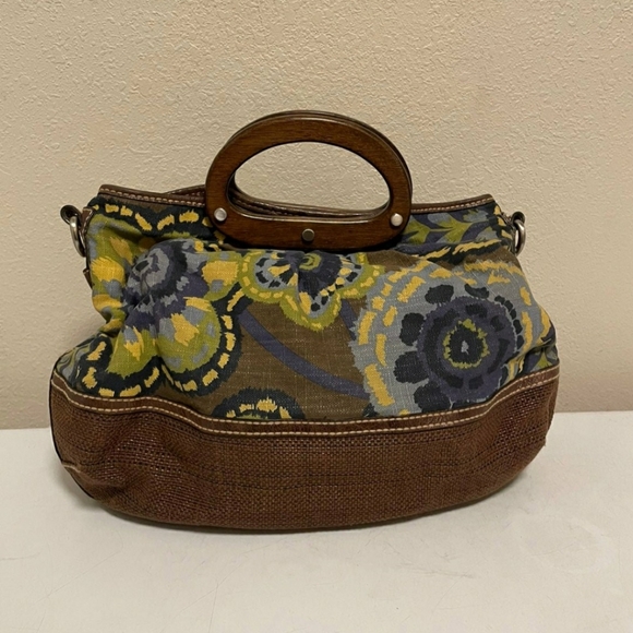 FOSSIL Canvas/Weave Floral Print Bag with Wooden Handles - Picture 2 of 7